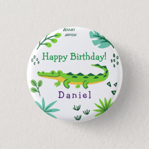Tropische verjaardag met groene krokodil ronde button 3,2 cm