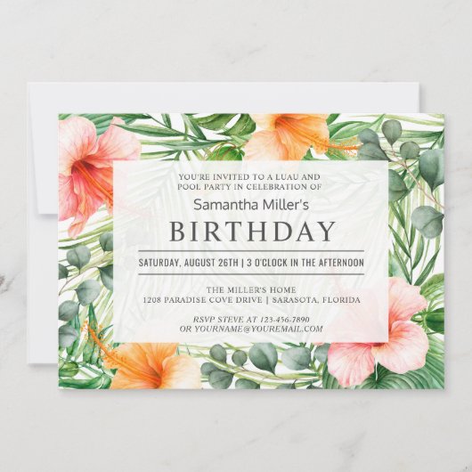Tropische verjaardag Pool Party en Luau Kaart (Voorkant)