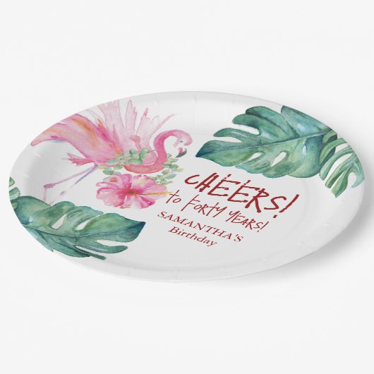 Tropische Verjaardag Roze Flamingo Papieren Bordje (Gekanteld)