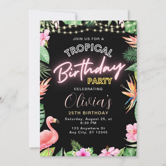 Tropische Verjaardag Uitnodiging, Neon Verjaardag Kaart (Voorkant)