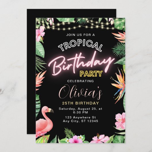 Tropische Verjaardag Uitnodiging, Neon Verjaardag Kaart (Voorkant / Achterkant)