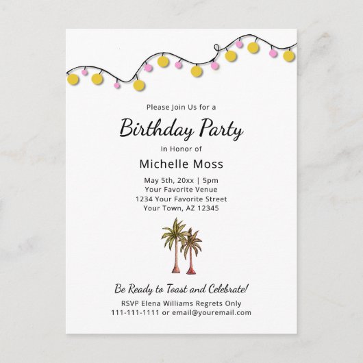 Tropische verjaardagsfeest String Lichten Palmbome Uitnodiging Briefkaart (Voorkant)