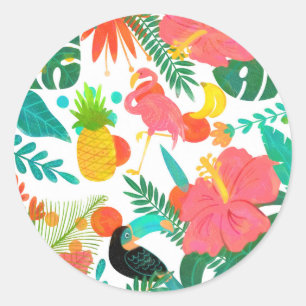 Tropische Vibe Bloemen Bladeren Zomer Luau Feest Ronde Sticker