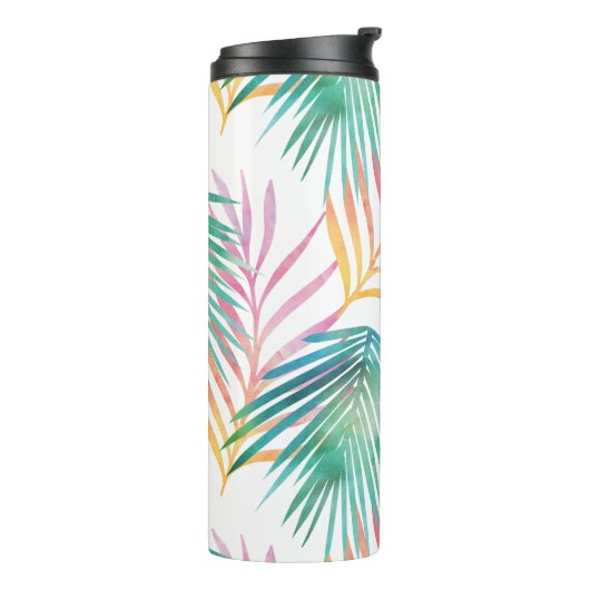 Tropische Vibes Roze en Blauwgroen Waterverf Palm Thermosbeker (Gedraaid links)