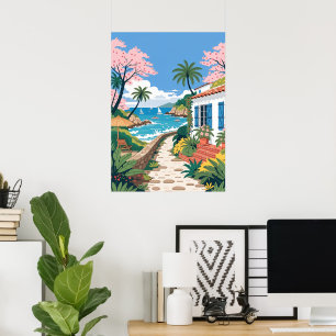 Tropische Villa aan het Strand met Boten Poster