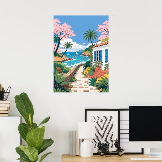 Tropische Villa aan het Strand met Boten Poster (Thuiskantoor)