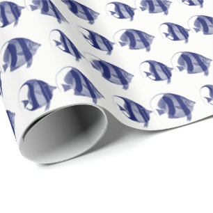 Tropische Vintage Vissen Tekening Blauw Gestreepte Cadeaupapier