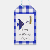 Tropische Vis, Blauwe Gingham Gelukkige 1e Verjaar Cadeaulabel (Voorkant)