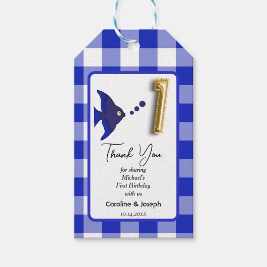 Tropische Vis, Blauwe Gingham Verjaardag Bedankt Cadeaulabel (Voorkant)