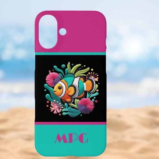 Tropische Vis - Faux Borduurwerk Blauw Roze Monogr Case-Mate iPhone Case