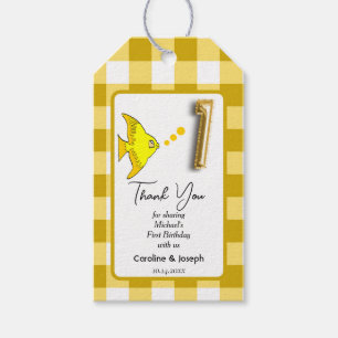 Tropische vis, gele Gingham Verjaardag Bedankt Cadeaulabel