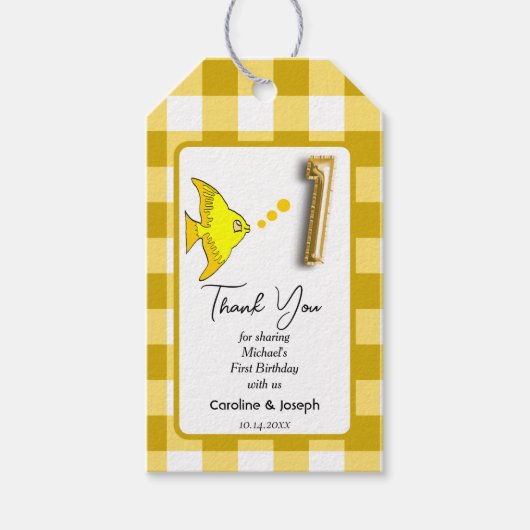 Tropische vis, gele Gingham Verjaardag Bedankt Cadeaulabel (Voorkant)