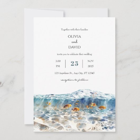 Tropische vis glinsterende zandstrand bruiloft kaart (Voorkant)