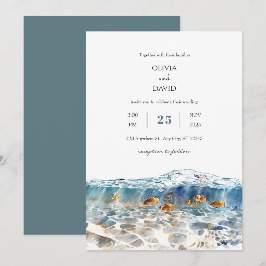 Tropische vis glinsterende zandstrand bruiloft kaart (Voorkant / Achterkant)