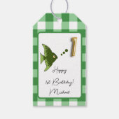 Tropische Vis, Groene Gingham Gelukkige 1e Verjaar Cadeaulabel (Voorkant)