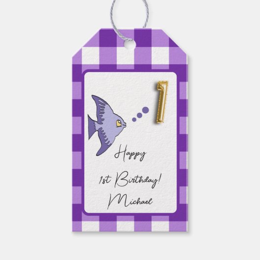 Tropische Vis Paarse Gingham Gelukkig 1e Verjaarda Cadeaulabel (Voorkant)
