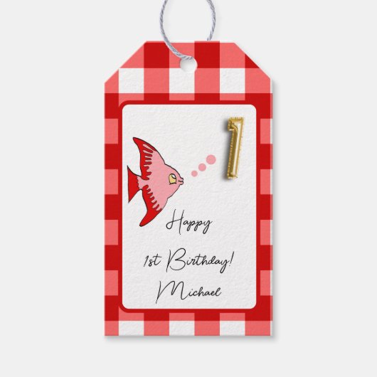 Tropische Vis Rode Gingham Gelukkige 1e Verjaardag Cadeaulabel (Voorkant)