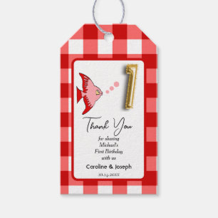 Tropische Vis, Rode Gingham Verjaardag Bedankt Cadeaulabel