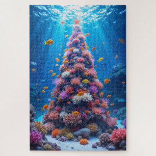 Tropische vissen zwemmen rond de kerstkoraalboom legpuzzel