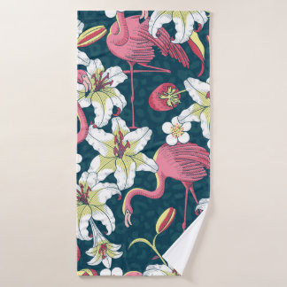 Tropische vlamingoes en naadloze gelilies badhanddoek