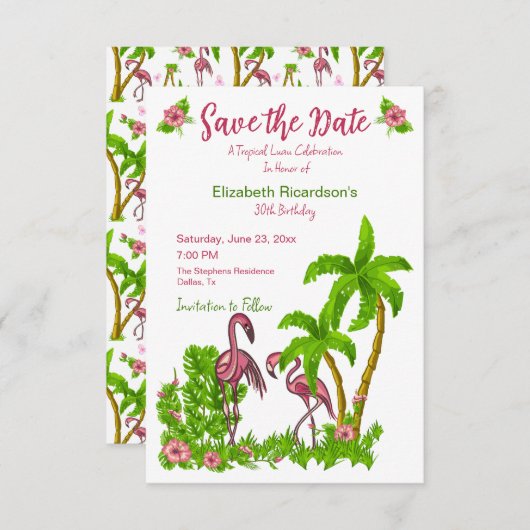 Tropische vlamingos en bloemen sparen de Datum Uit Kaart (Voorkant / Achterkant)