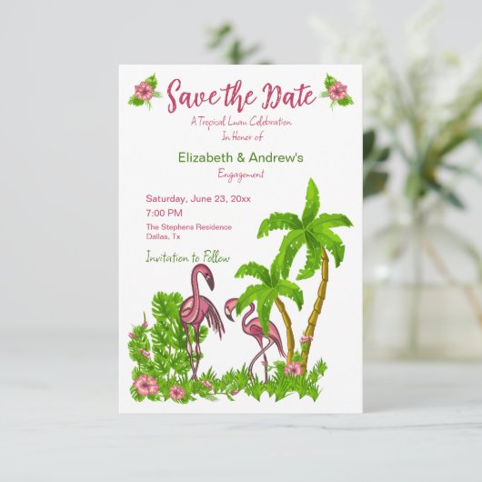 Tropische vlamingos en bloemen sparen de Datum Uit Kaart (Staand voorkant)