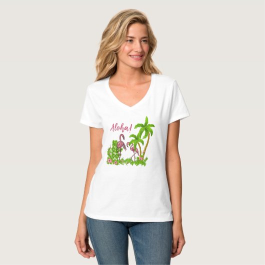 Tropische vlamingos en bloemen T-shirt (Voorkant volledig)