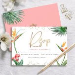 Tropische Vleermuis Mitzvah Goud Script Bloemen Wa RSVP Kaartje<br><div class="desc">Wees trots, verheug je en vier deze mijlpaal van je favoriete Bat Mitzvah met deze verfijnde, gepersonaliseerde RSVP-insteekkaart voor je evenement! Stijlvolle, prachtige, kleurrijke, tropische waterverf paradijsbloemen, faux gold handgeschreven script, Star of David en glitter stippen, samen met donker roos roze en grijs modern sans serif type, bedekken een witte...</div>