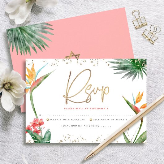 Tropische Vleermuis Mitzvah Goud Script Bloemen Wa RSVP Kaartje