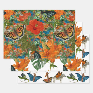 Tropische vlinder dieren cadeau wrap set van 3 inpakpapier vel