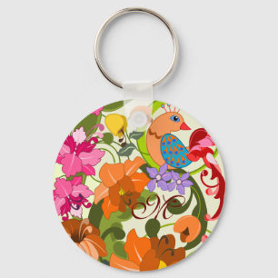 Tropische vogel en Damasbloemen Monogram Sleutelha Sleutelhanger