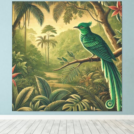 Tropische vogel in weelderig groen Oerwoud Canvas Afdruk (Insitu (Houten vloer))