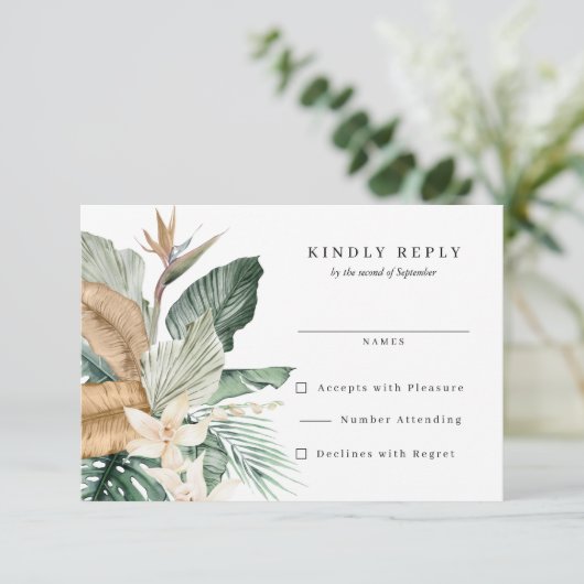 Tropische vogel van het paradijs Flora Wedding RSVP Kaartje (Staand voorkant)