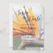 Tropische vogel van het paradijselijk huwelijk save the date (Voorkant)