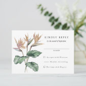 Tropische vogel van Paradise Flowers Wedding RSVP Kaartje (Staand voorkant)