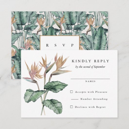 Tropische vogel van Paradise Flowers Wedding RSVP Kaartje (Voorkant / Achterkant)