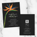 Tropische vogel van Paradise Wedding Invitations<br><div class="desc">Een elegante waterverf tropische vogel met paradijse bloemen bevat je trouwceremoniegegevens in het schrift op de voorkant en je trouwgegevens en QR-code op de achterkant van deze all-in-one trouwuitnodiging. Punten in onze winkel koppelen.</div>