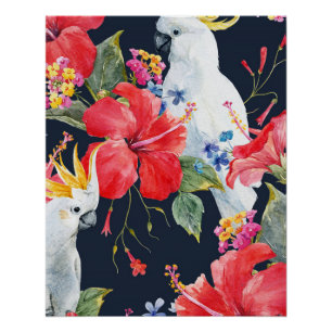 Tropische Vogel Waterverf Rode Hibiscus Bloem Perfect Poster