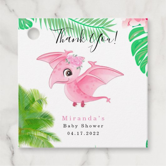 Tropische vogelroze dinosaur Baby Girl Shower Bedankjes Labels (Voorkant)