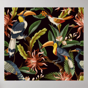 Tropische vogels: bladeren & bloemen poster