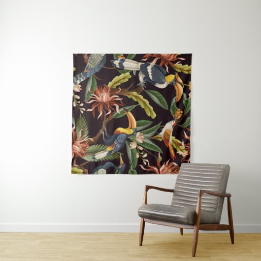 Tropische vogels:  bladeren & bloemen wandkleed (In Situ (horizontaal))