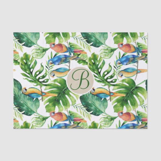 Tropische Vogels Bladeren Chic Monogram Letter Ini Tissuepapier (Voorkant)