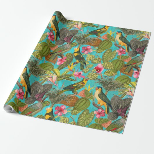 Tropische vogels en bloemen in het Oerwoud-blauwgr Cadeaupapier (Uitgerold)