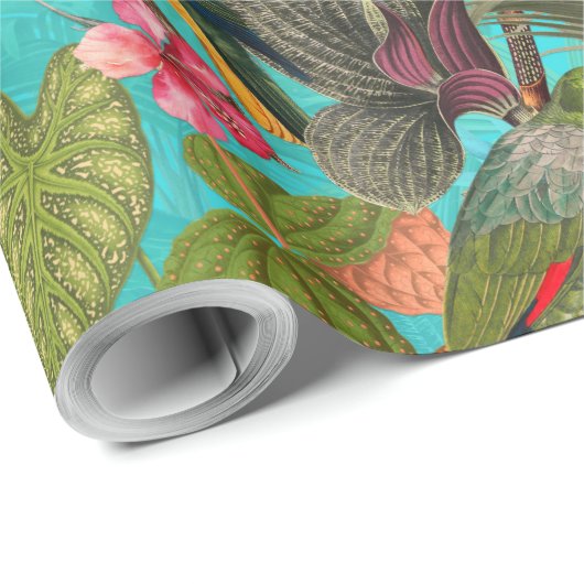 Tropische vogels en bloemen in het Oerwoud-blauwgr Cadeaupapier (Rol Hoek)