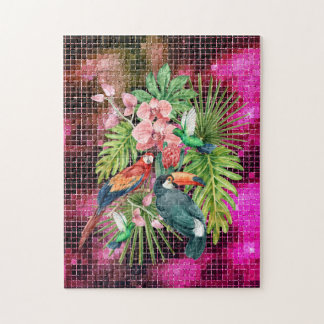 Tropische vogels exotische bloemen roze paarse gla legpuzzel