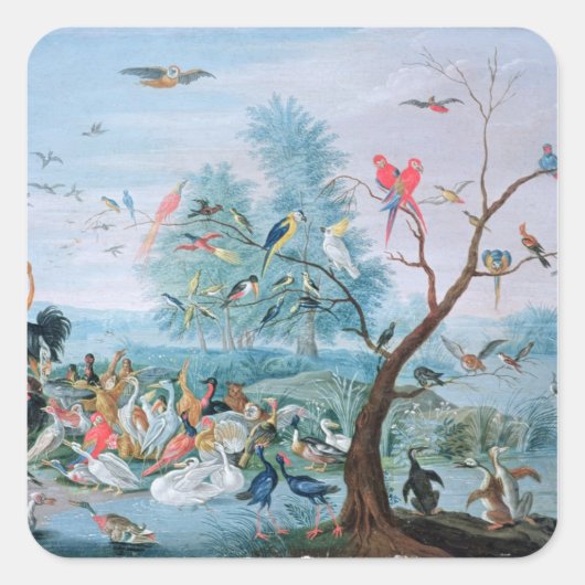 Tropische vogels in een landschap vierkante sticker (Voorkant)