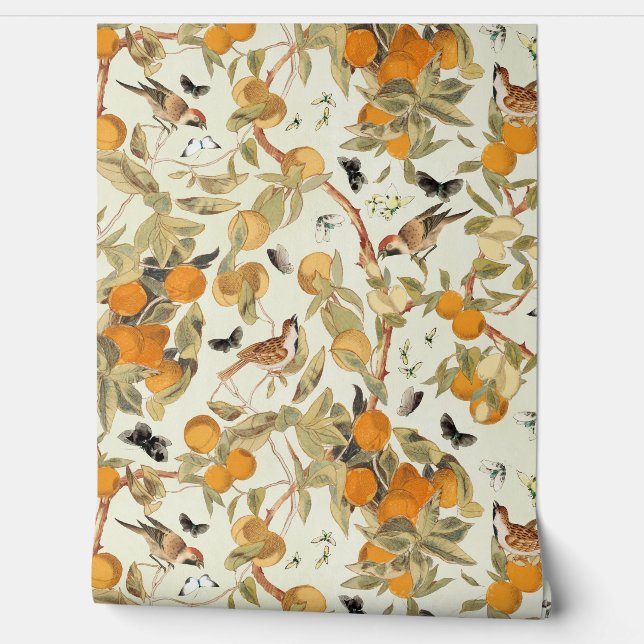  tropische vogels in fruittuin Chinoiserie Behang (Afrollen)