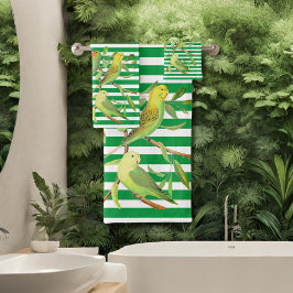 Tropische vogels in groene witte strepen - monogra bad handdoek
