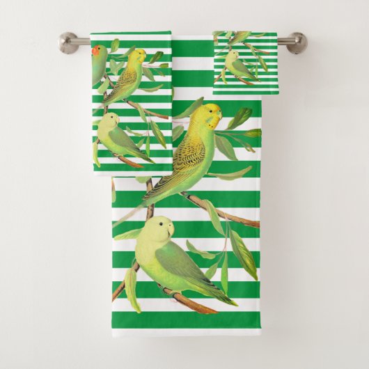 Tropische vogels in groene witte strepen - monogra bad handdoek (Insitu)