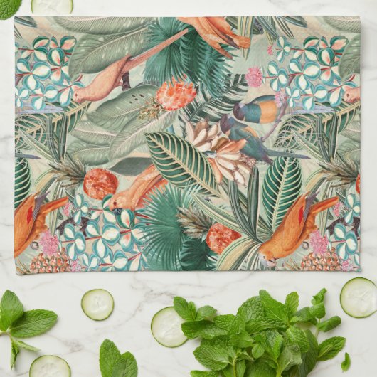 Tropische  vogels in Oerwoud Paradise sepia Theedoek (Gevouwen)
